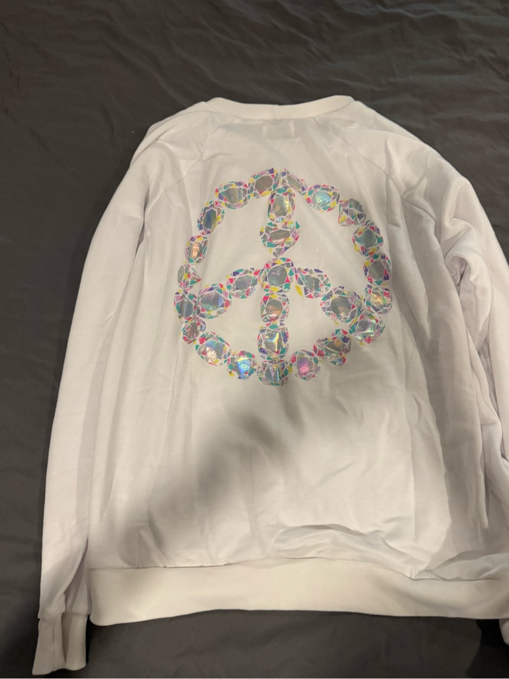 White Long-Sleeve Top with Holographic Peace Design